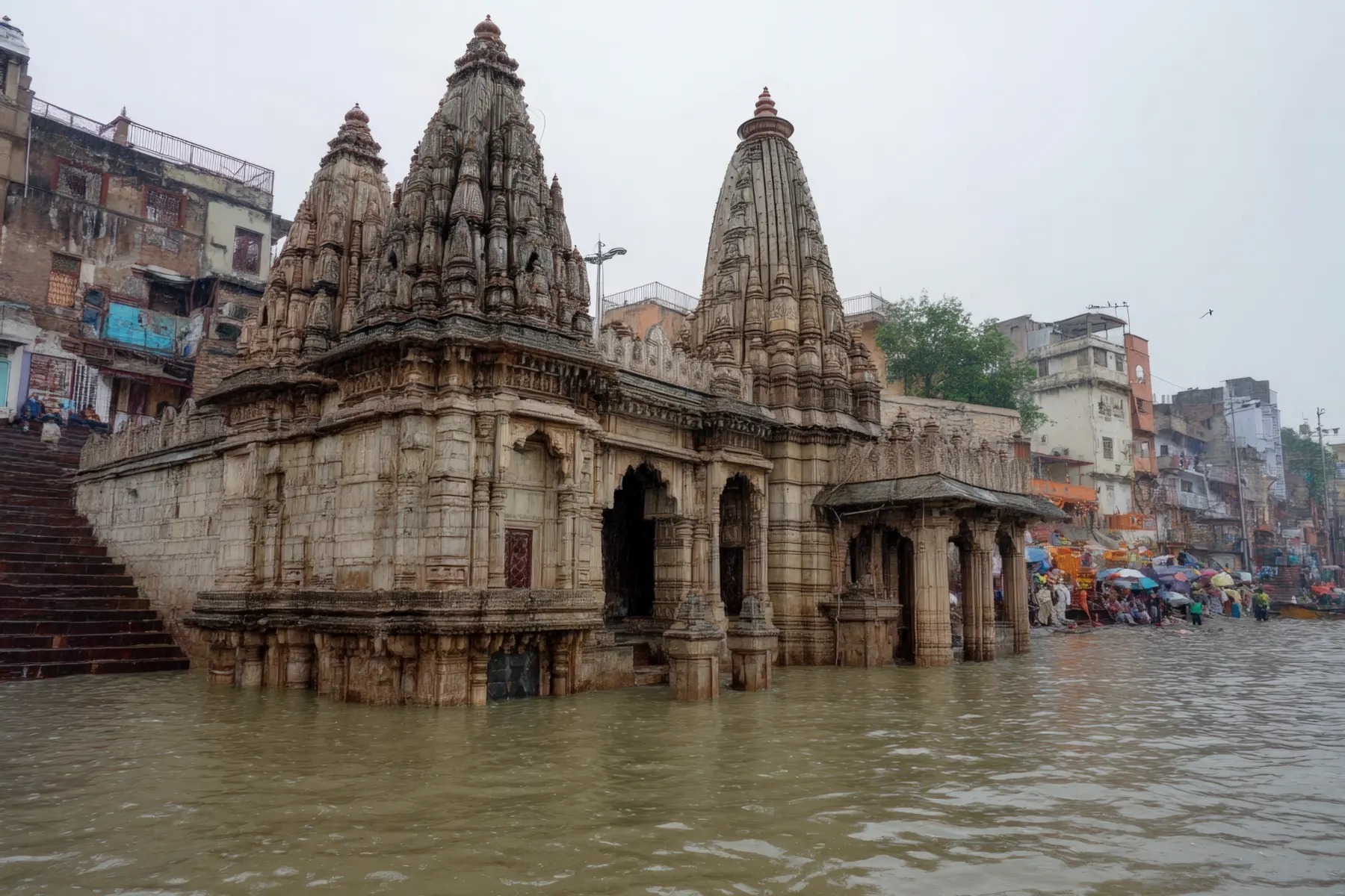 Riverside temples partly submerged when the Ganga rises in the monsoon