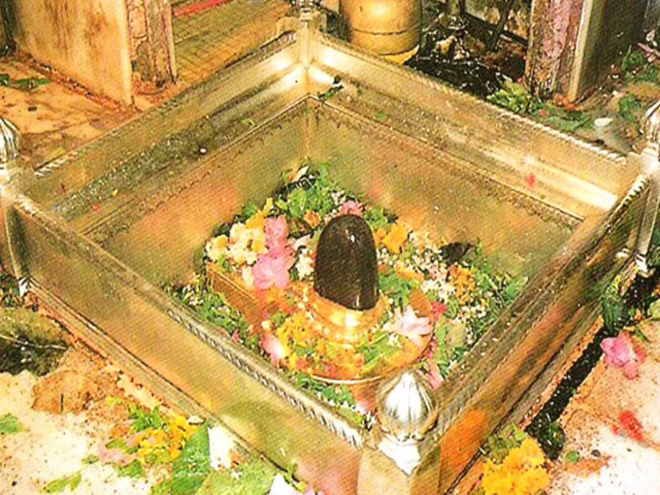 The Kashi Vishwanath jyotirlinga in its silver-framed altar, adorned with flowers